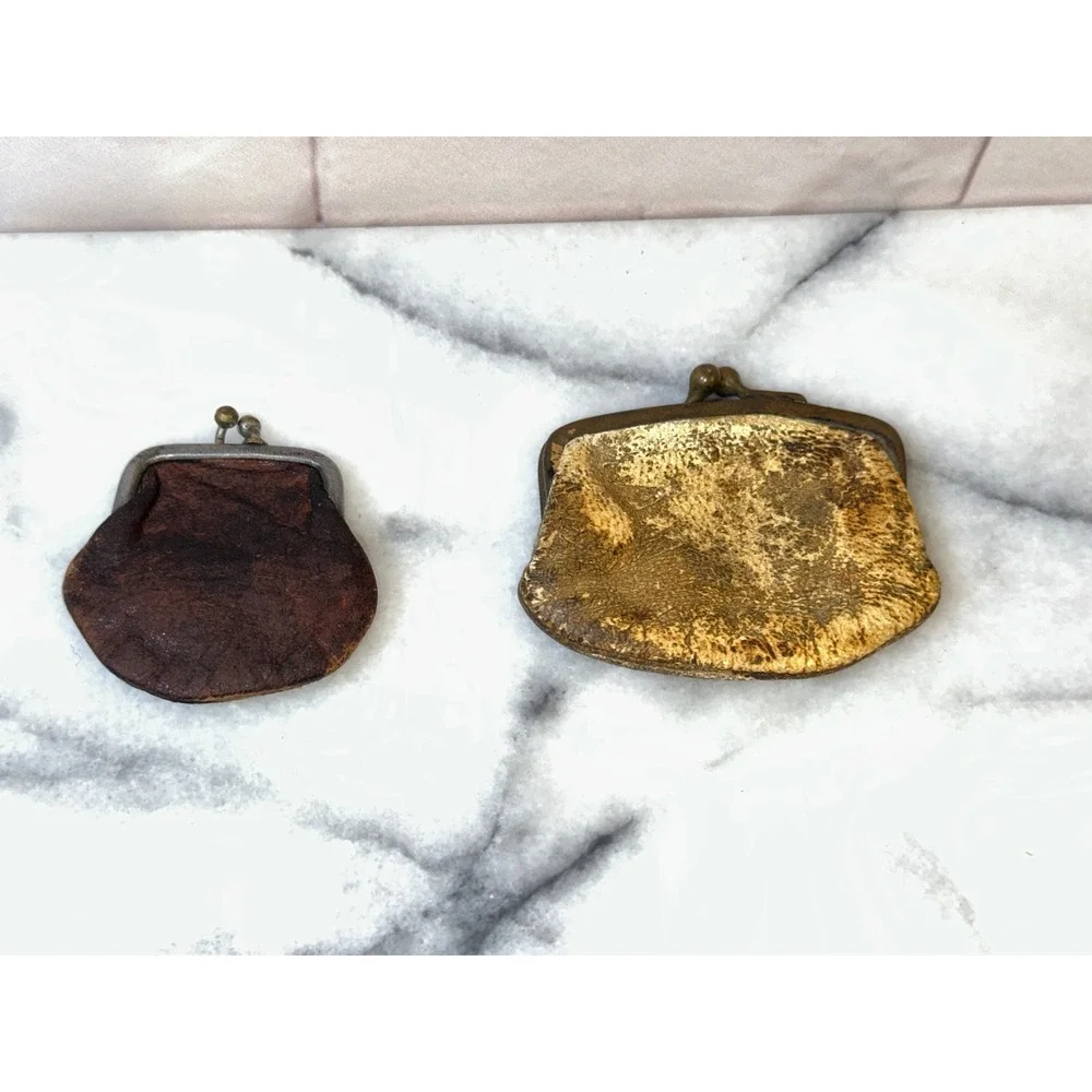 Vintage Antique Leather Coin Purse Set Kiss Lock Metal Frame Distressed 2pc